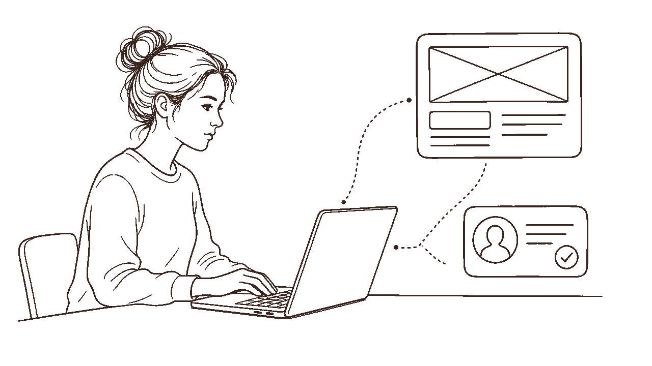 Ilustração line art: designer com portfólio recebendo mensagem de cliente