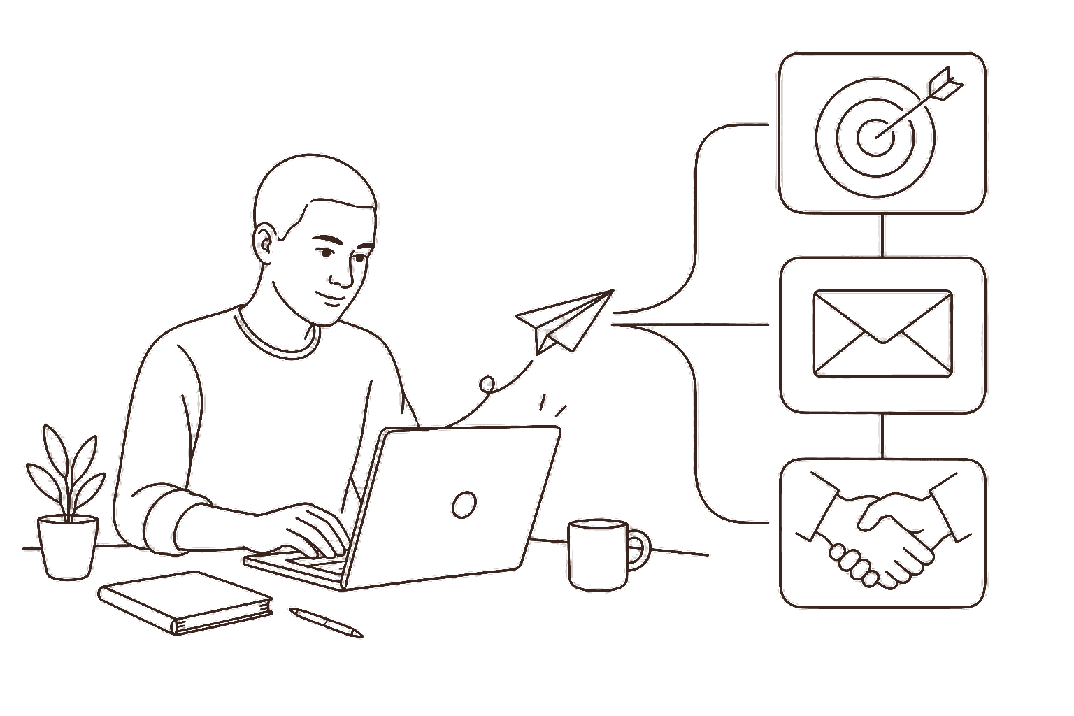 Ilustração line art: método para conseguir freelas, alvo e proposta