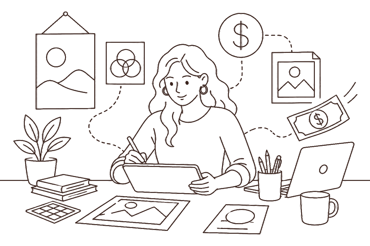Ilustração line art: design gráfico com peças e cifrão