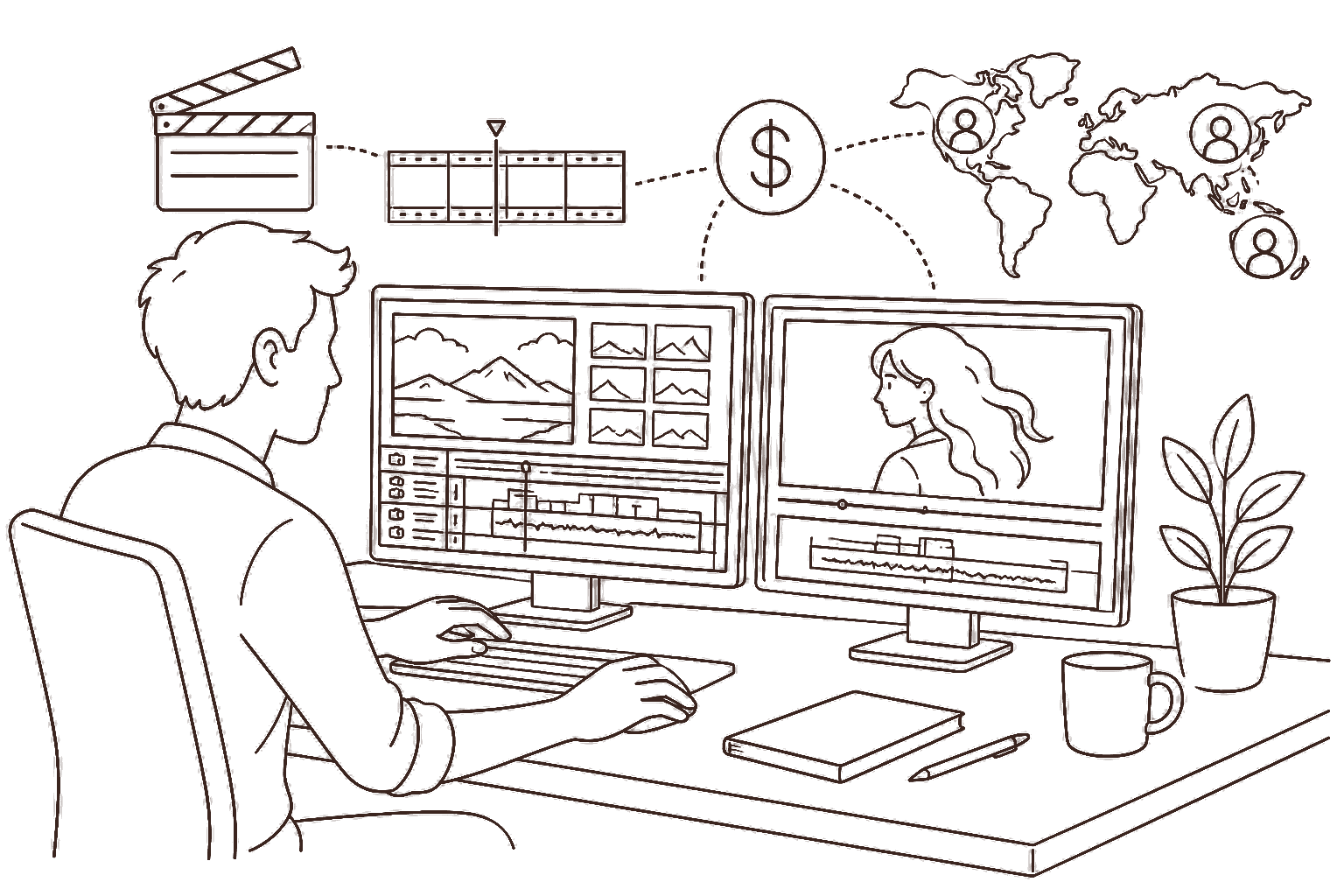 Ilustração line art: edição de vídeo com timeline e cifrão