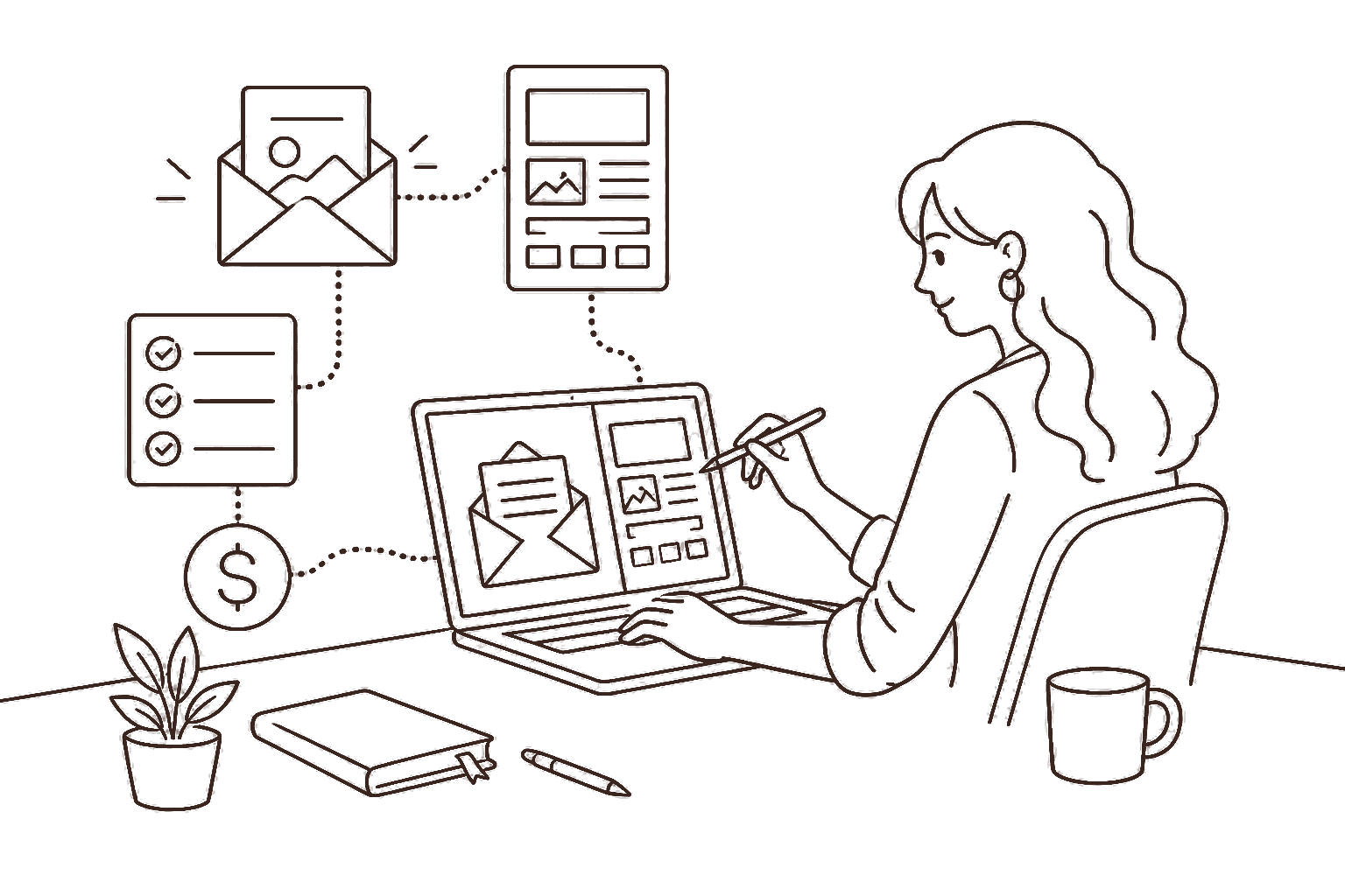 Ilustração line art: design de e-mail marketing e cifrão