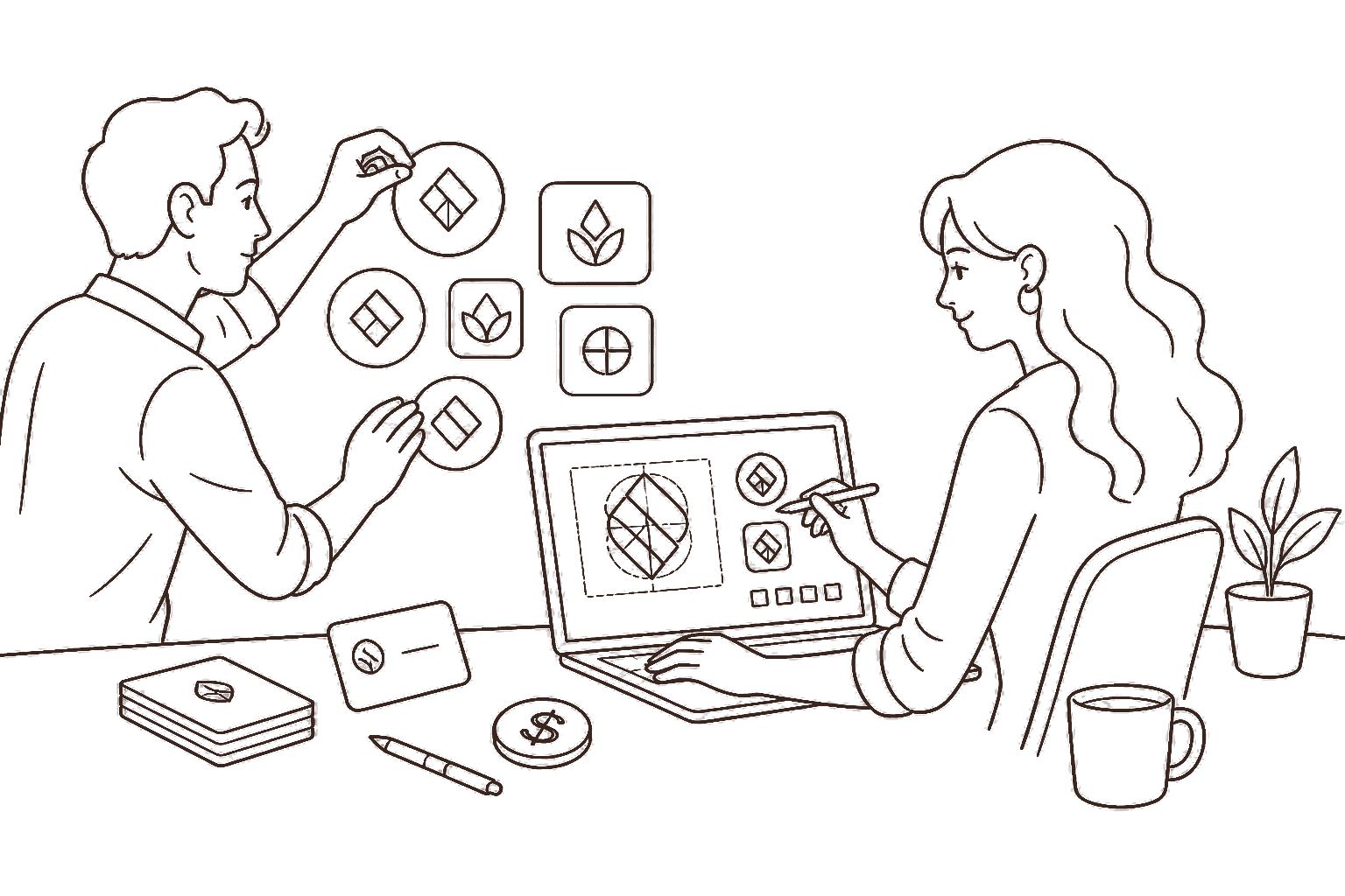 Ilustração line art: identidade visual e cartão com cifrão