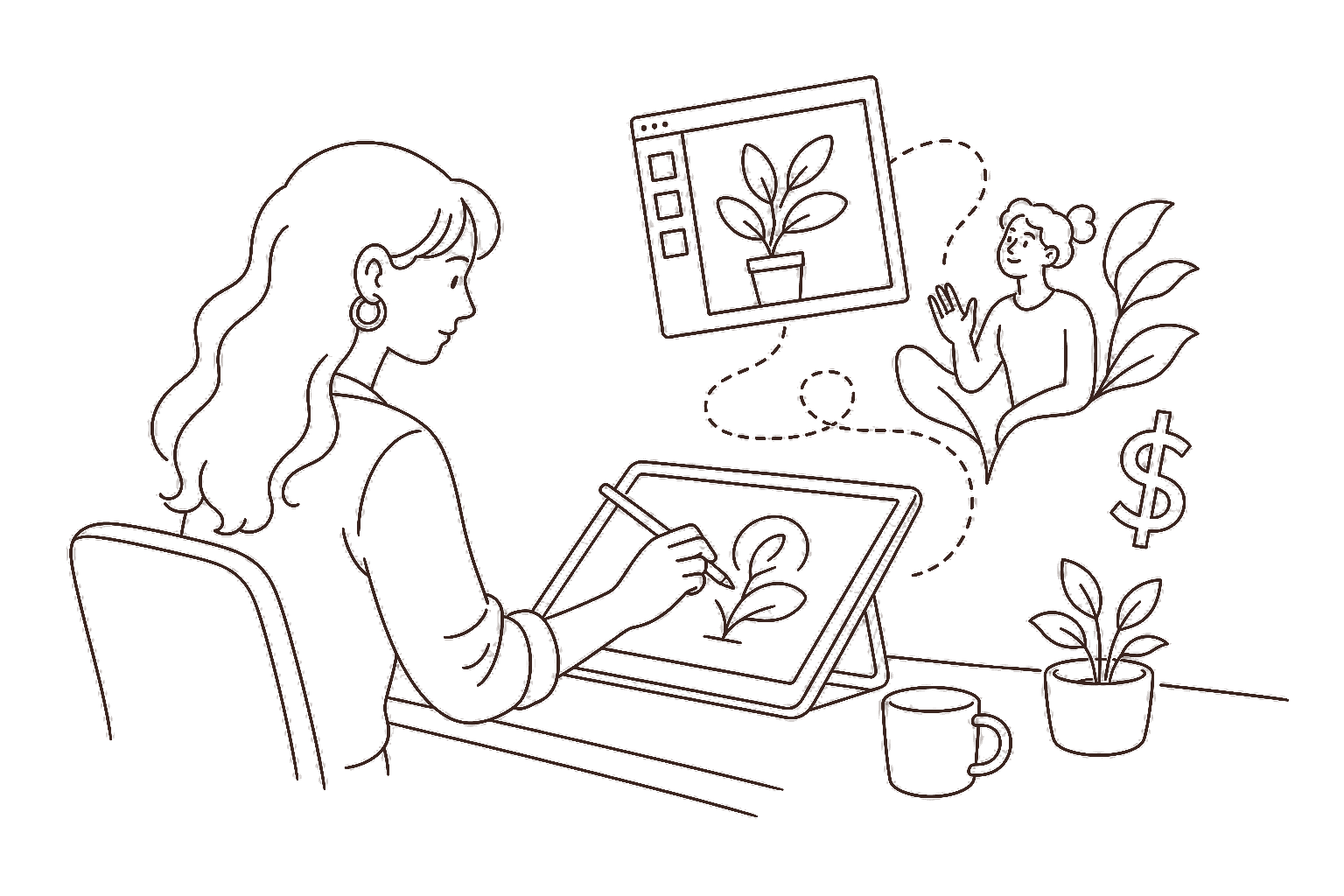 Ilustração line art: ilustradora no tablet com cifrão