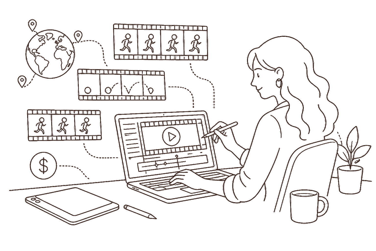 Ilustração line art: motion design com timeline e cifrão