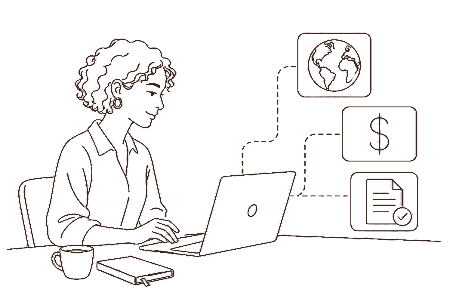 Ilustração line art: designer com laptop, globo e cifrão de ganhos internacionais