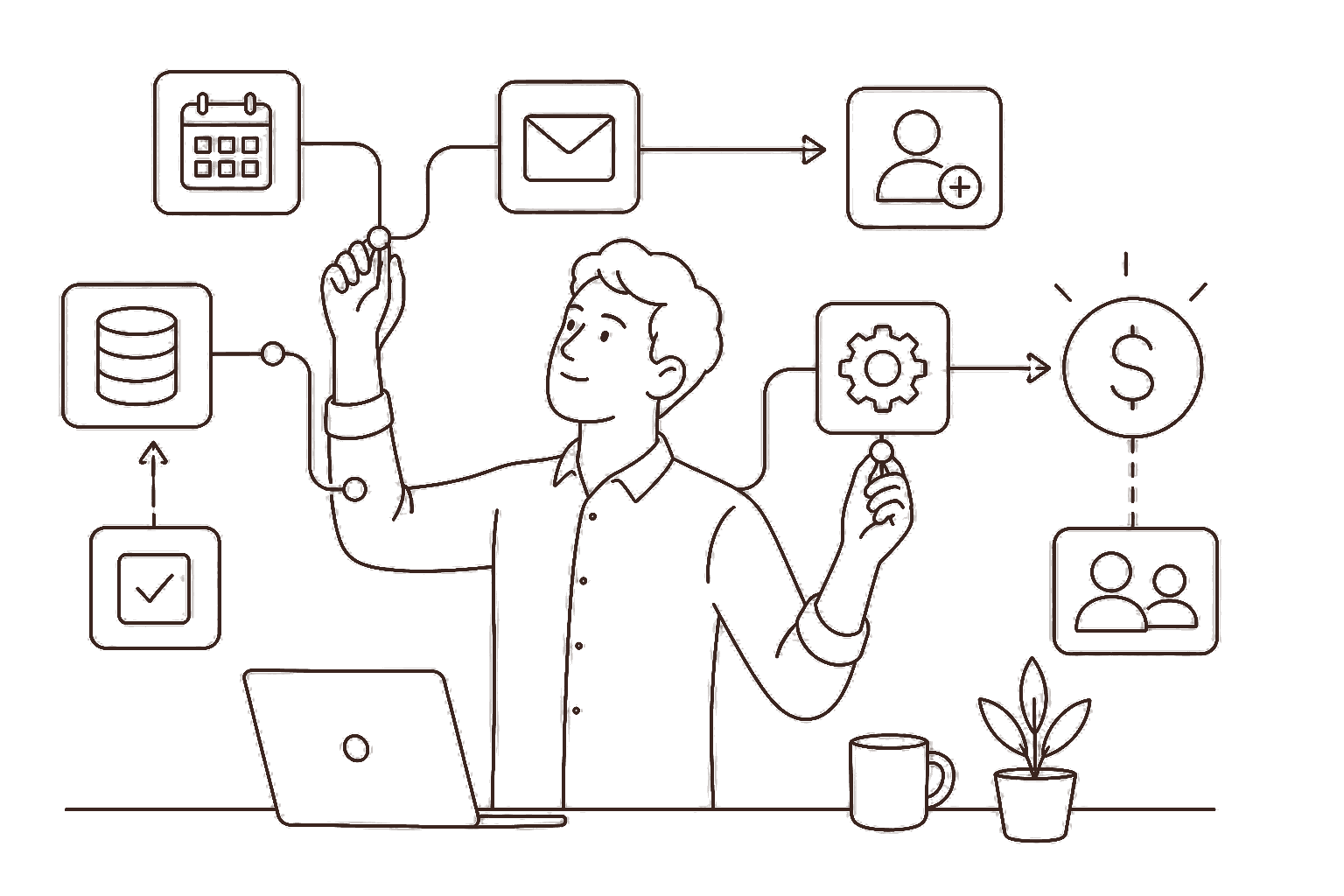 Ilustração line art: automação no-code com fluxos e cifrão