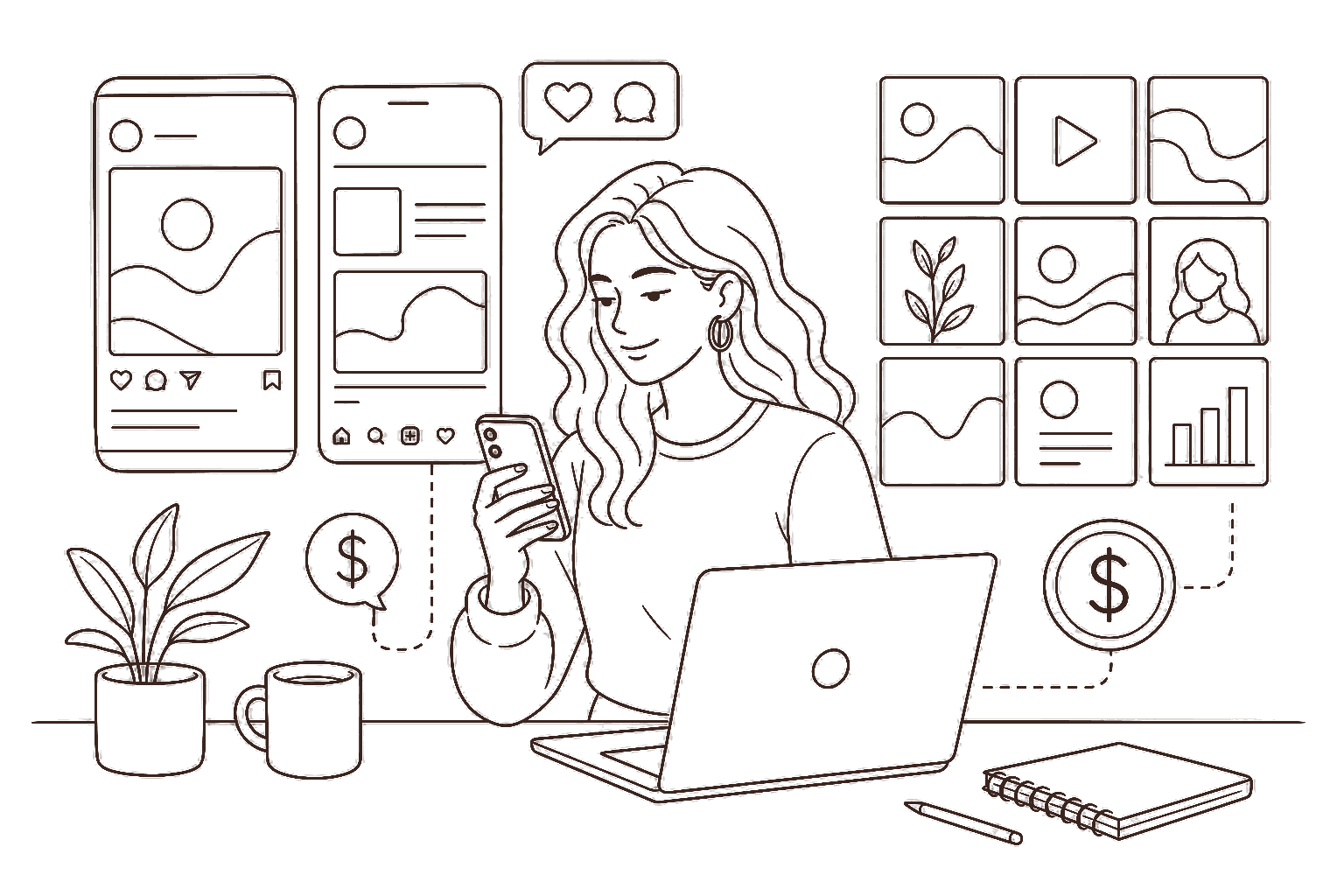Ilustração line art: design para redes sociais e cifrão