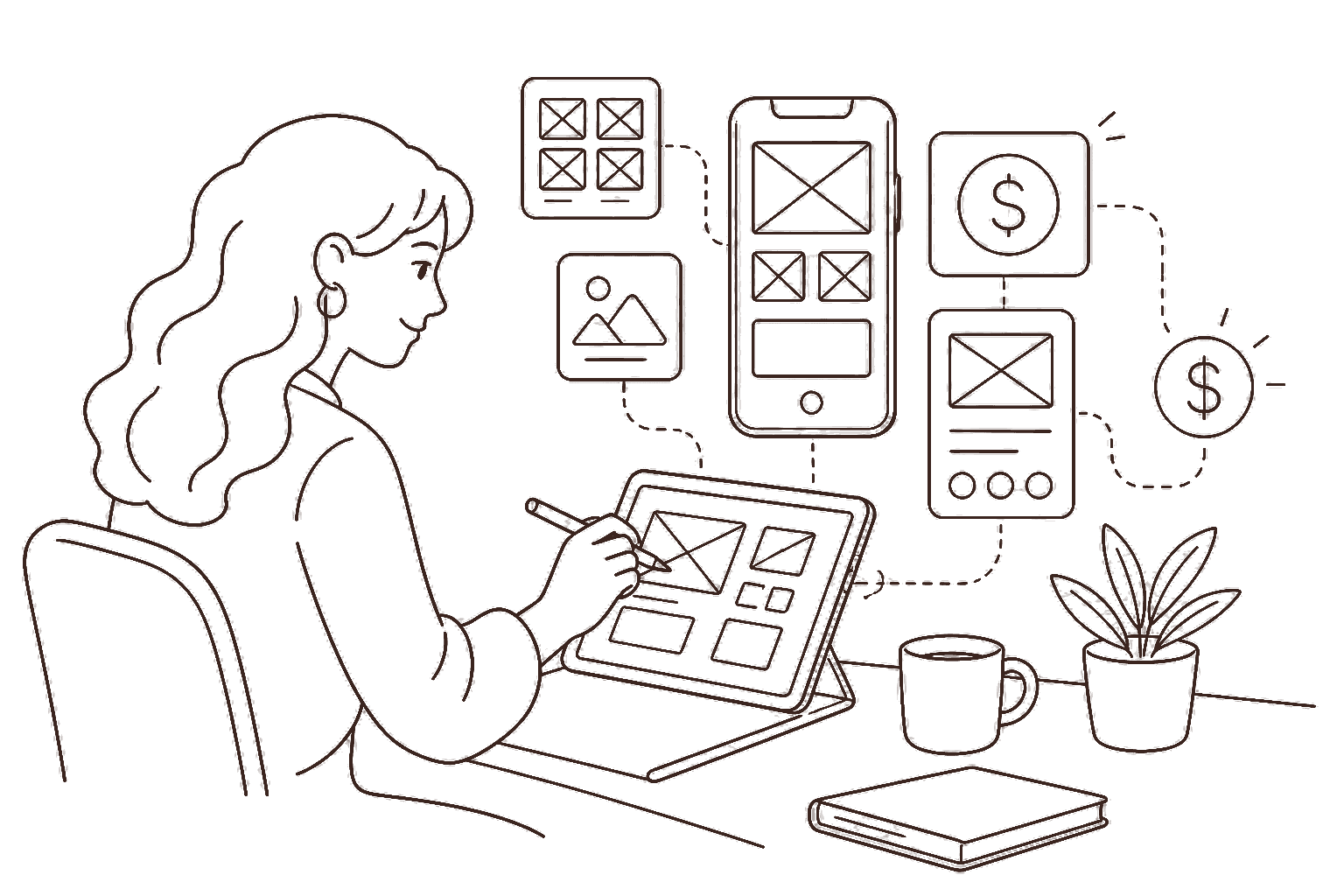 Ilustração line art: designer UX/UI com wireframes e cifrão