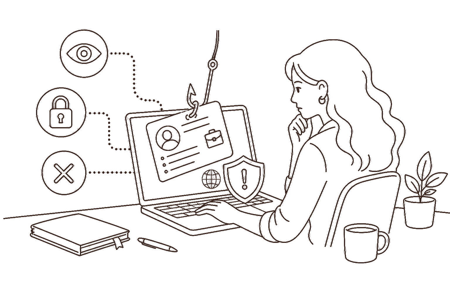 Ilustração line art: sinais de alerta em vaga internacional suspeita