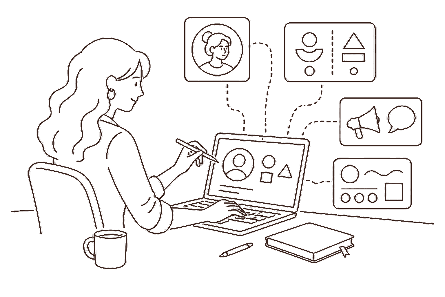 Ilustração line art: designer construindo marca pessoal e identidade