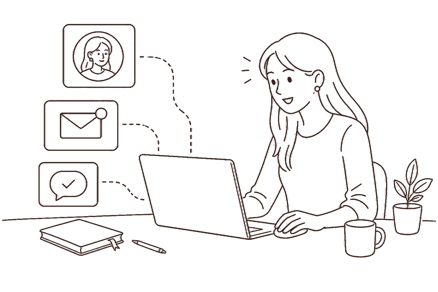 Ilustração line art: perfil profissional recebendo convites e mensagens