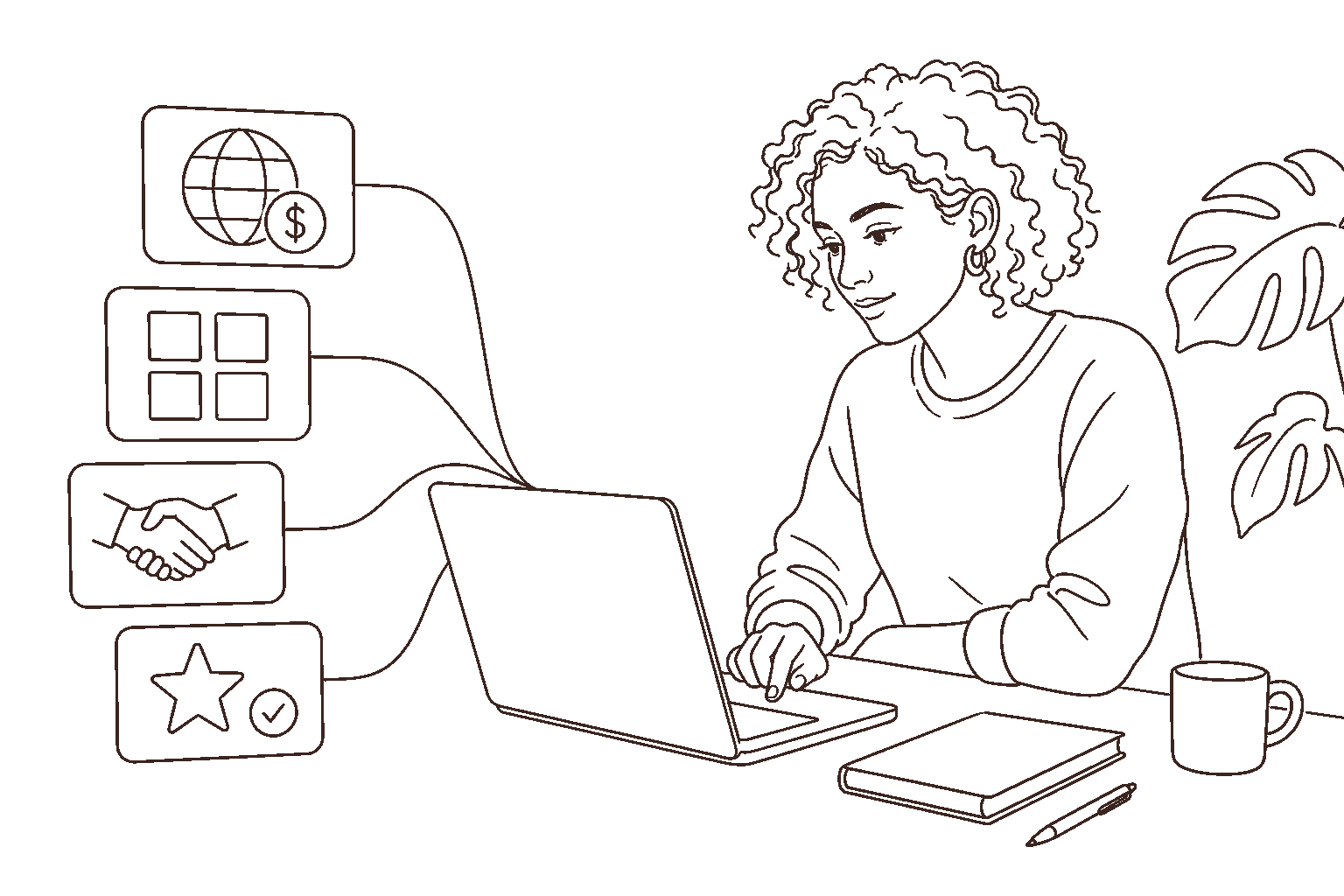 Ilustração line art: designer comparando várias plataformas de freelance internacional