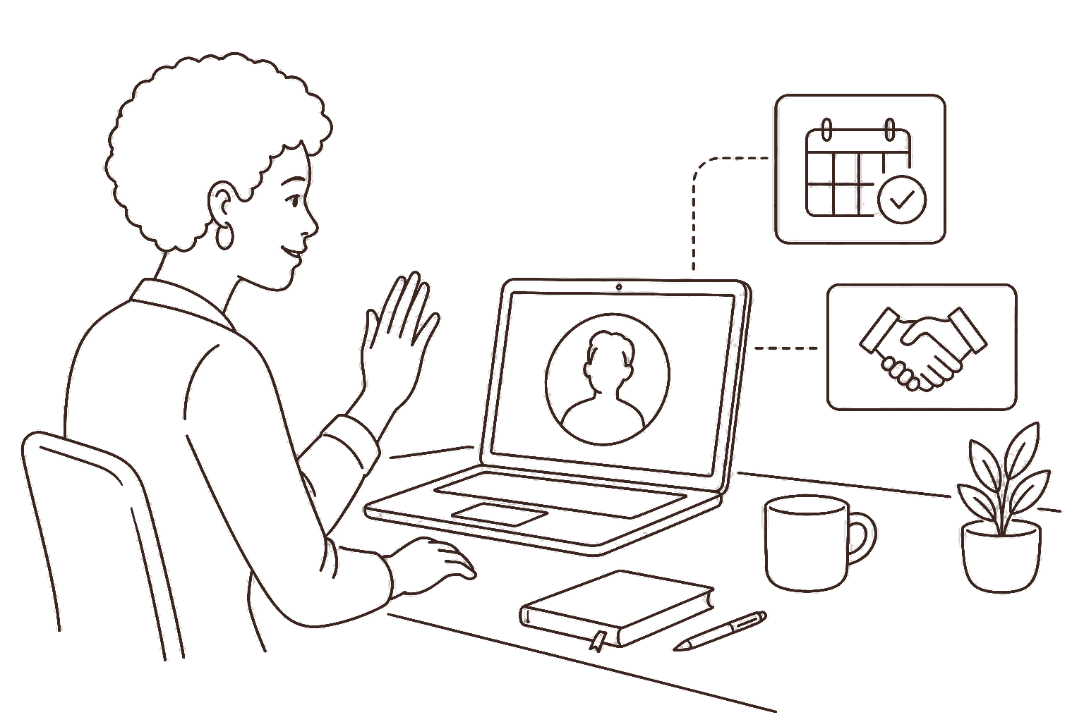 Ilustração line art: designer em call com cliente internacional