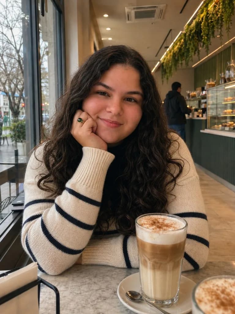 Ensaio gerado com IA: café, suéter listrado e copo de latte.