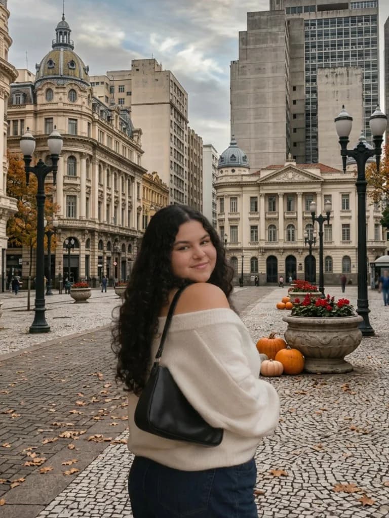 Ensaio gerado com IA: praça, suéter ombro de fora e jeans.