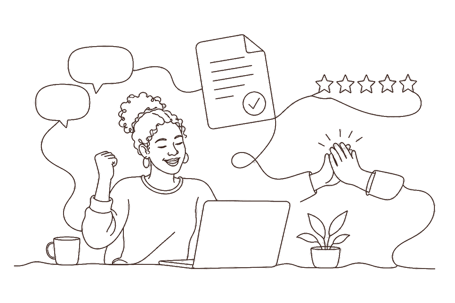 Ilustração line art: freela celebrando resultado com mensagens, contrato e avaliação