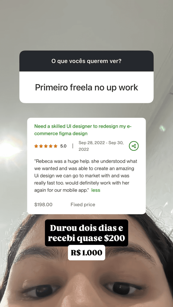 Depoimento de cliente no Upwork com avaliação 5 estrelas.