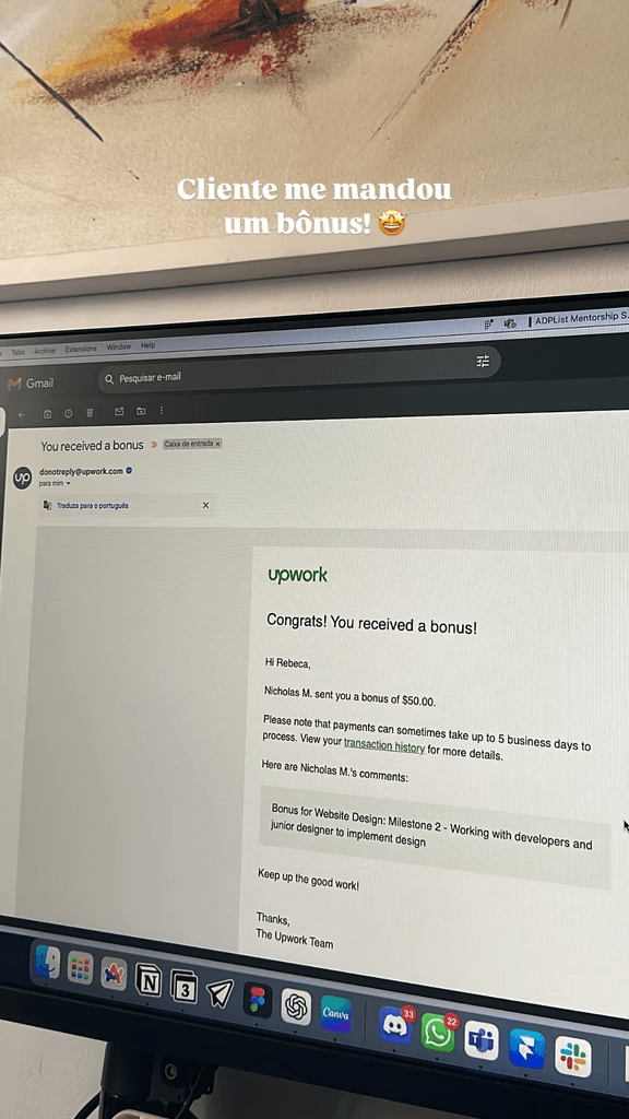 E-mail do Upwork: bônus por trabalho de design.