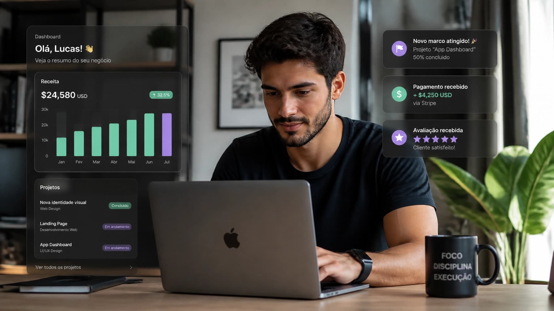 Profissional freelancer trabalhando em um ambiente moderno com elementos digitais de ganhos em dólar