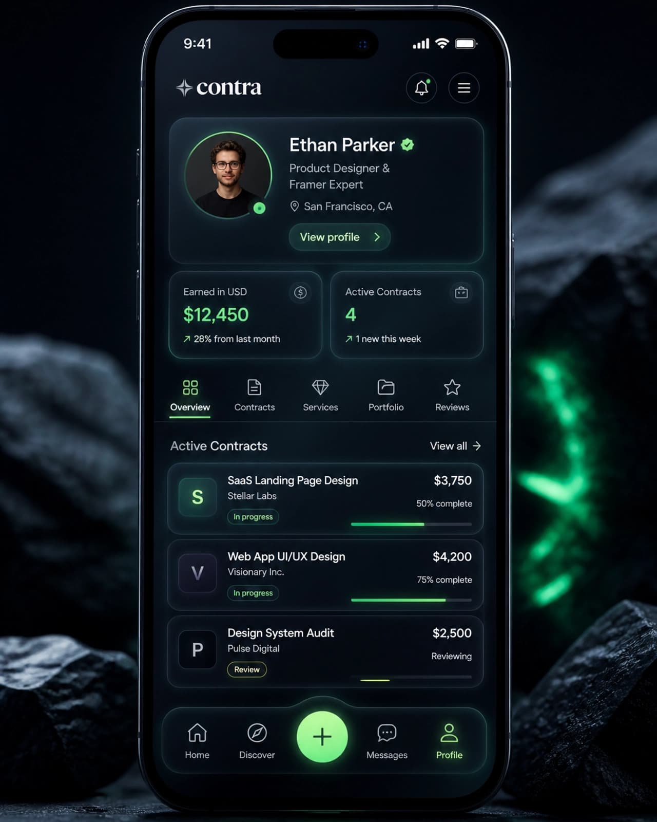 Interface de plataforma de freelancer premium
