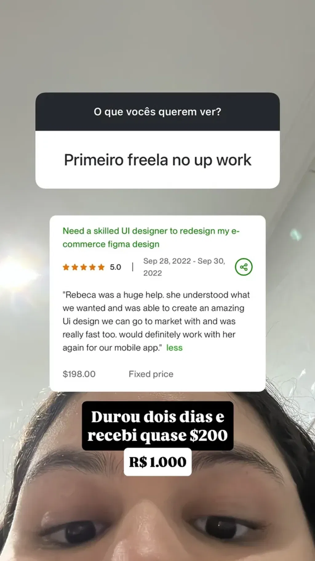 Depoimento de sucesso e avaliação 5 estrelas no Upwork