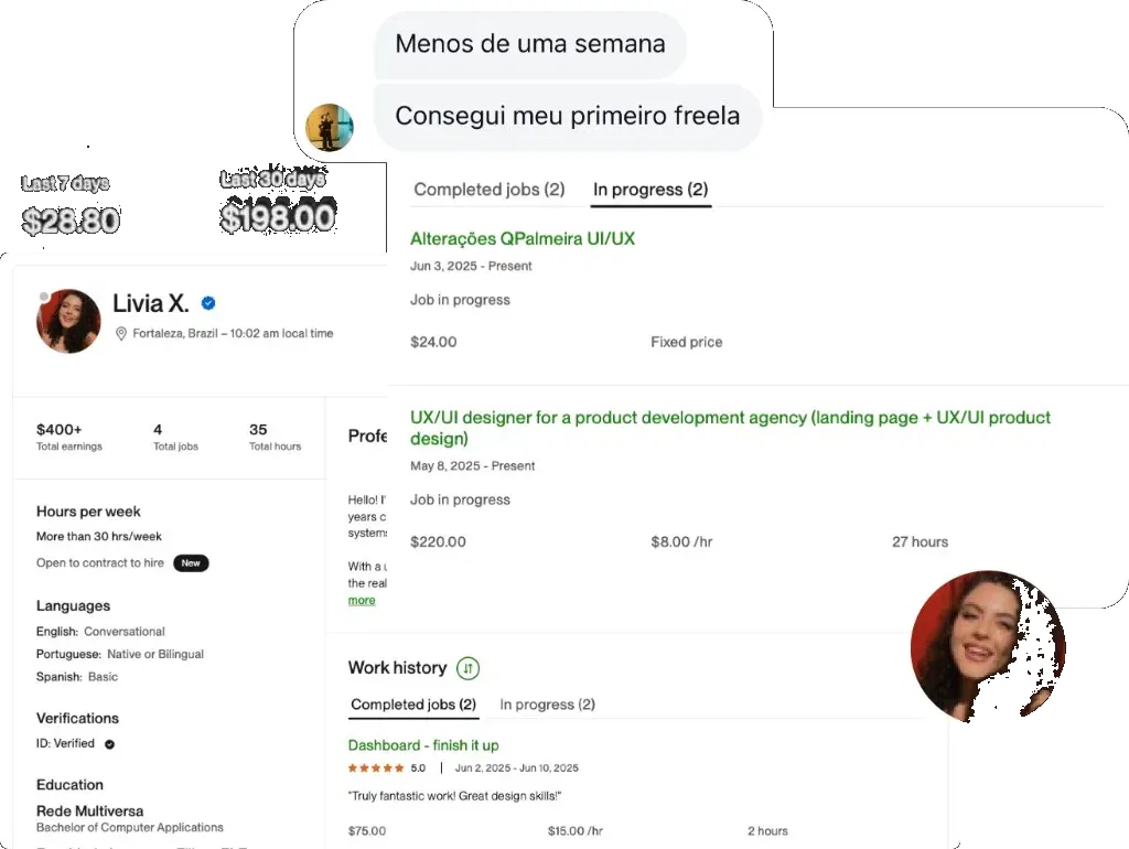 Exemplo de sucesso de aluna com faturamento em dólar no Upwork