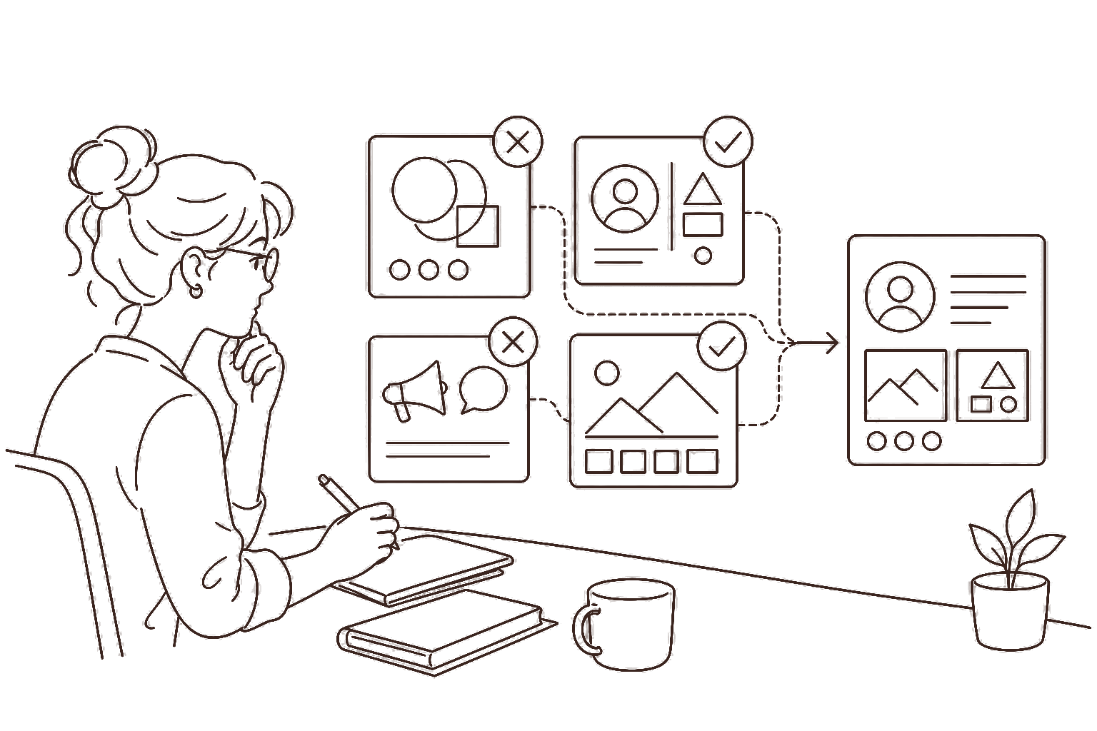 Ilustração line art: cartões de portfólio com acertos e erros