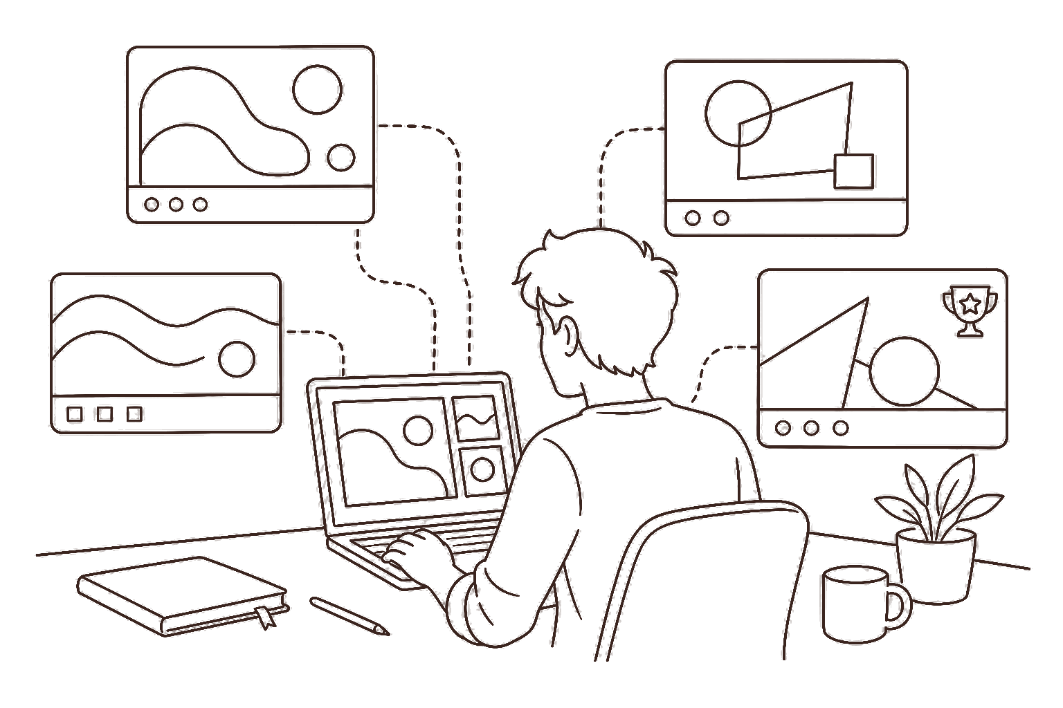 Ilustração line art: designer em concurso com cartões de conceito