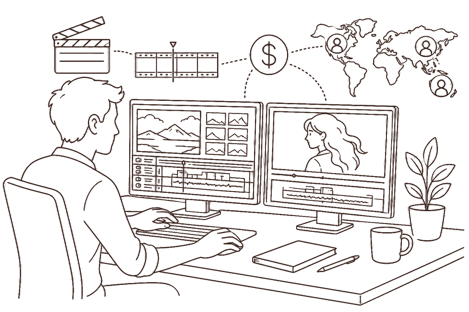 Ilustração line art: edição de vídeo com timeline e cifrão