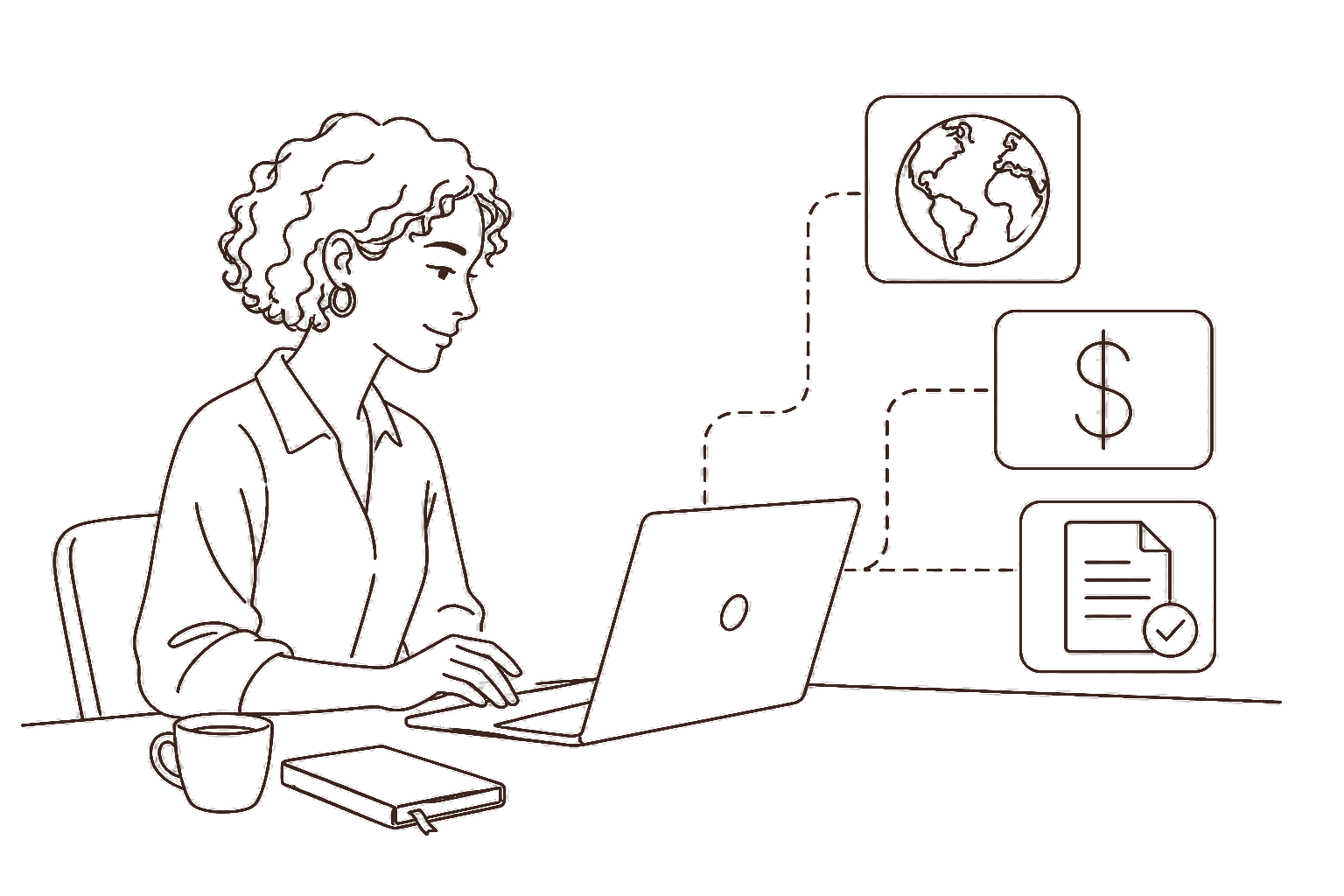 Ilustração line art: designer com laptop, globo e cifrão de ganhos internacionais