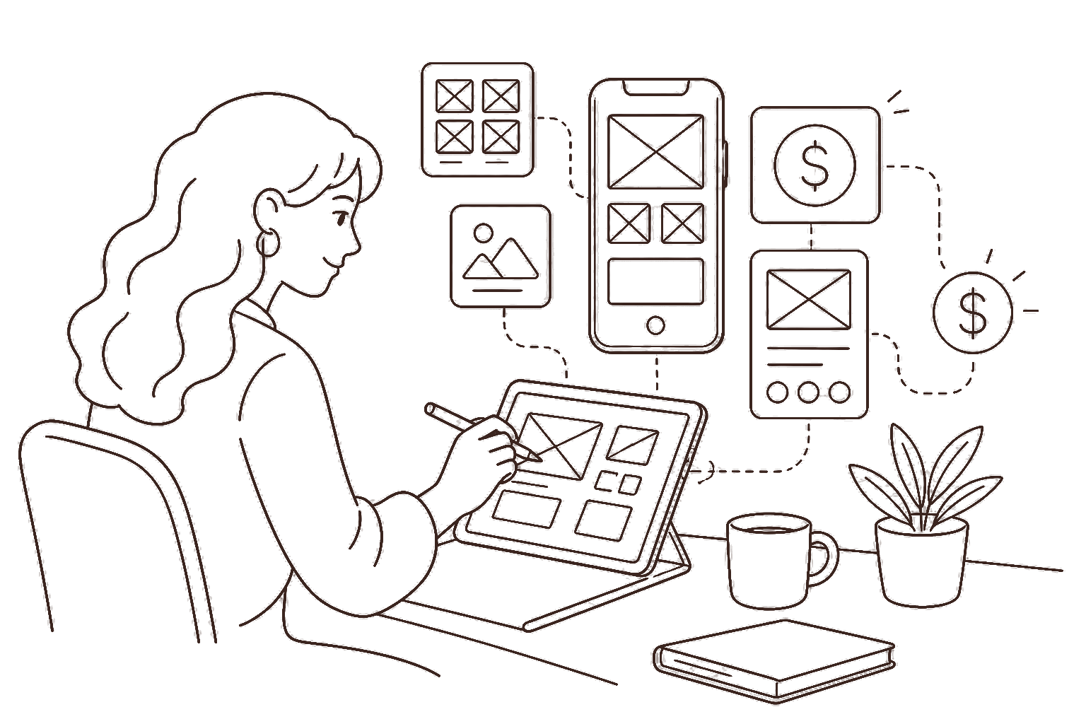 Ilustração line art: designer UX/UI com wireframes e cifrão