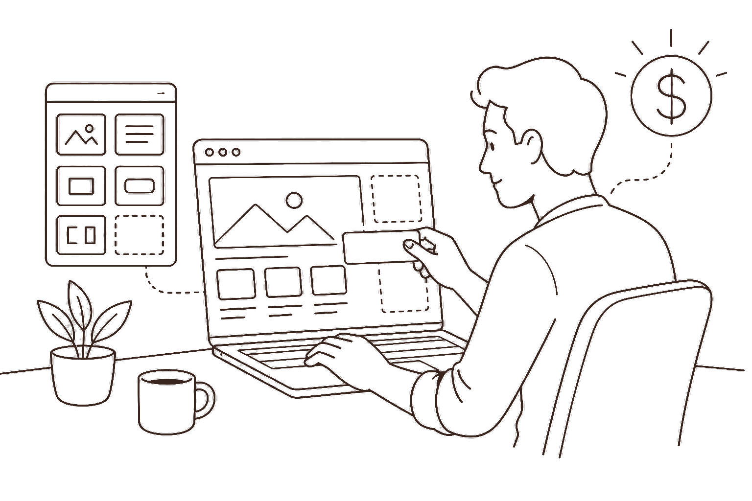Ilustração line art: web designer montando site e cifrão