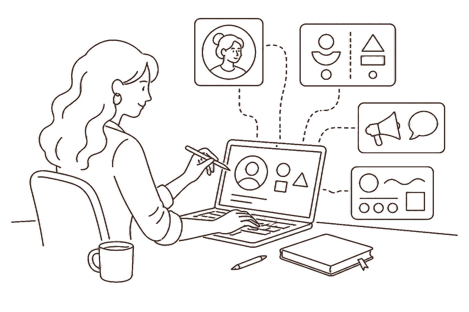 Ilustração line art: designer construindo marca pessoal e identidade