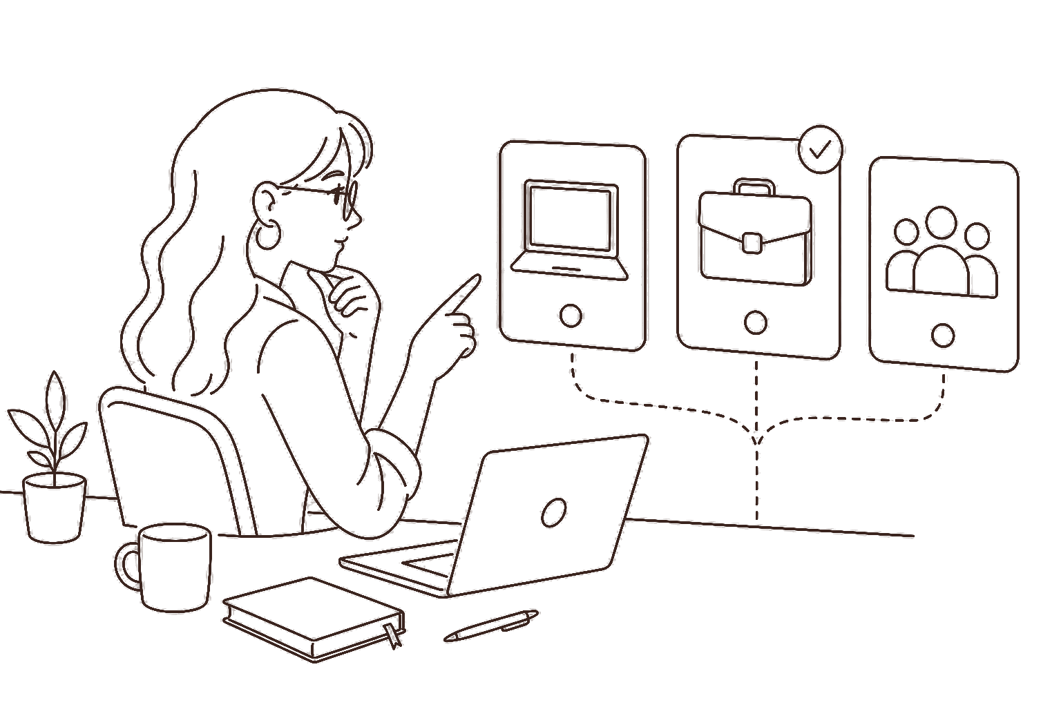 Ilustração line art: designer escolhendo entre opções de plataforma