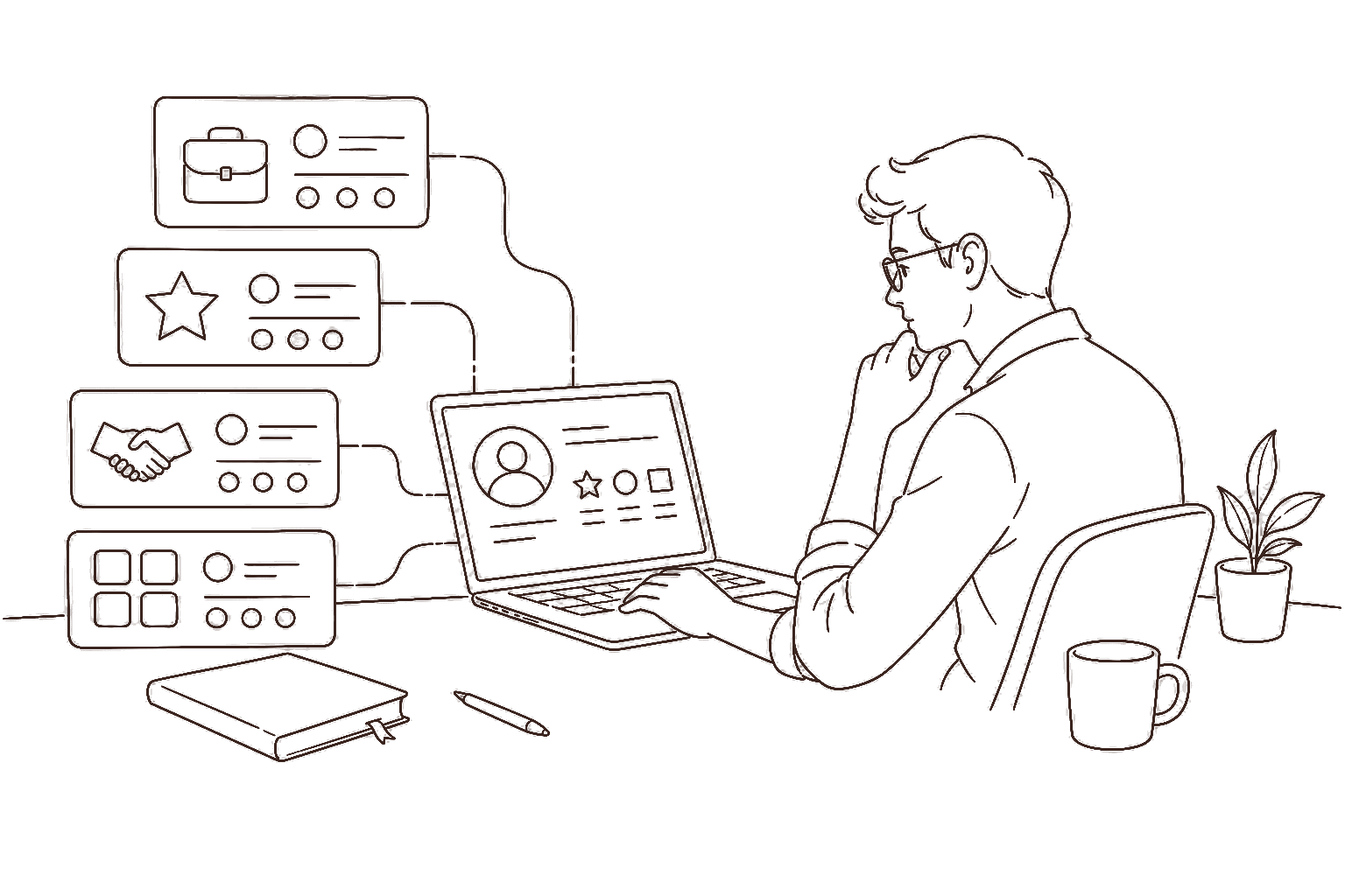 Ilustração line art: designer comparando painéis de plataformas de freelance