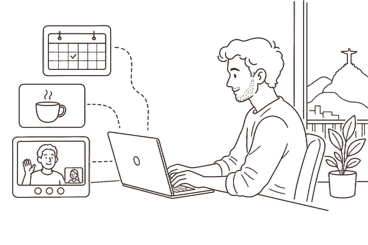 Ilustração line art: rotina de freela remoto com calendário e call