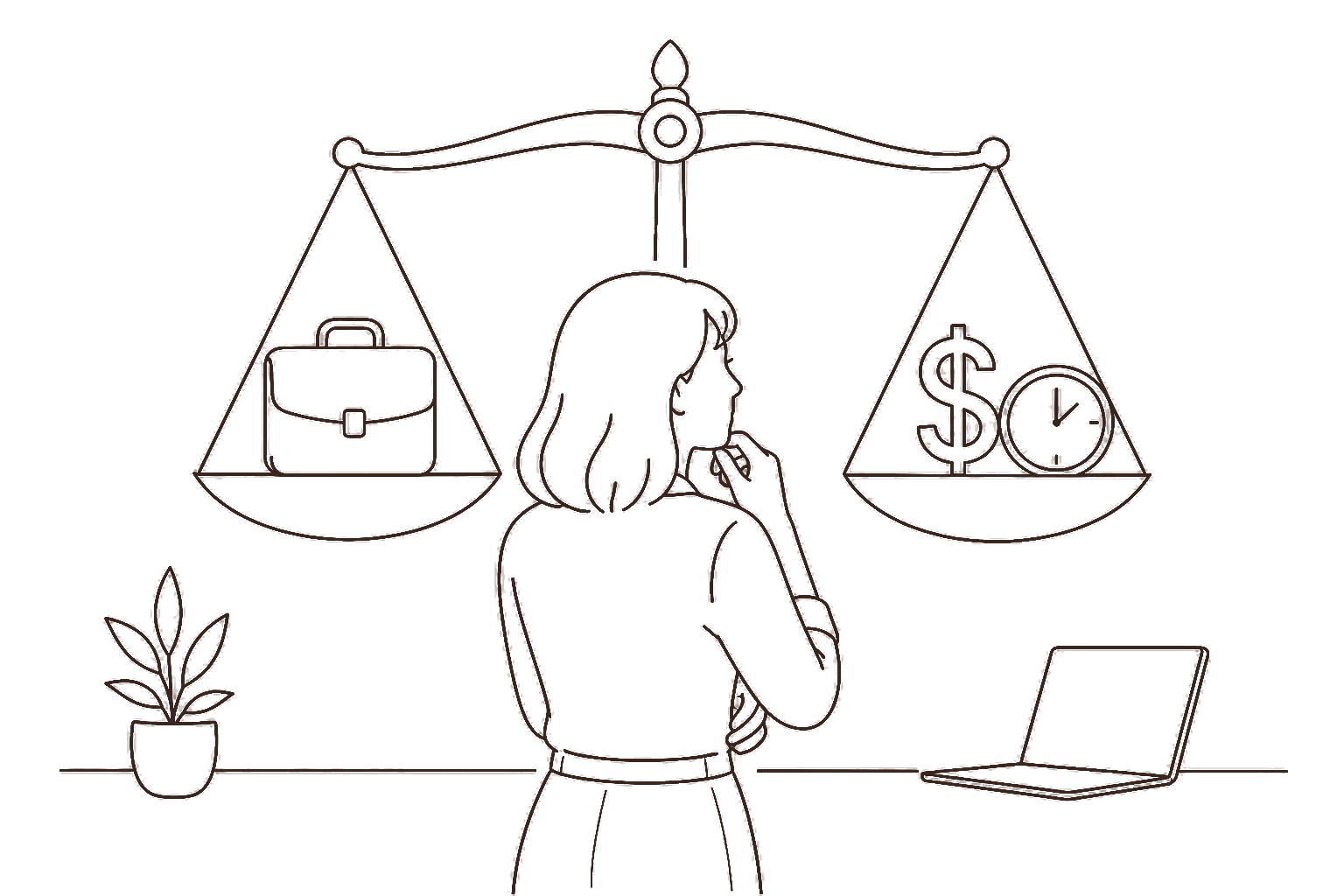 Ilustração line art: balança entre emprego e freela