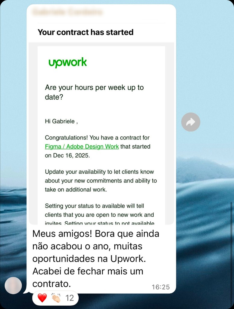 Depoimento de aluno 3: print de conversa com resultado em Upwork ou freelas internacionais.