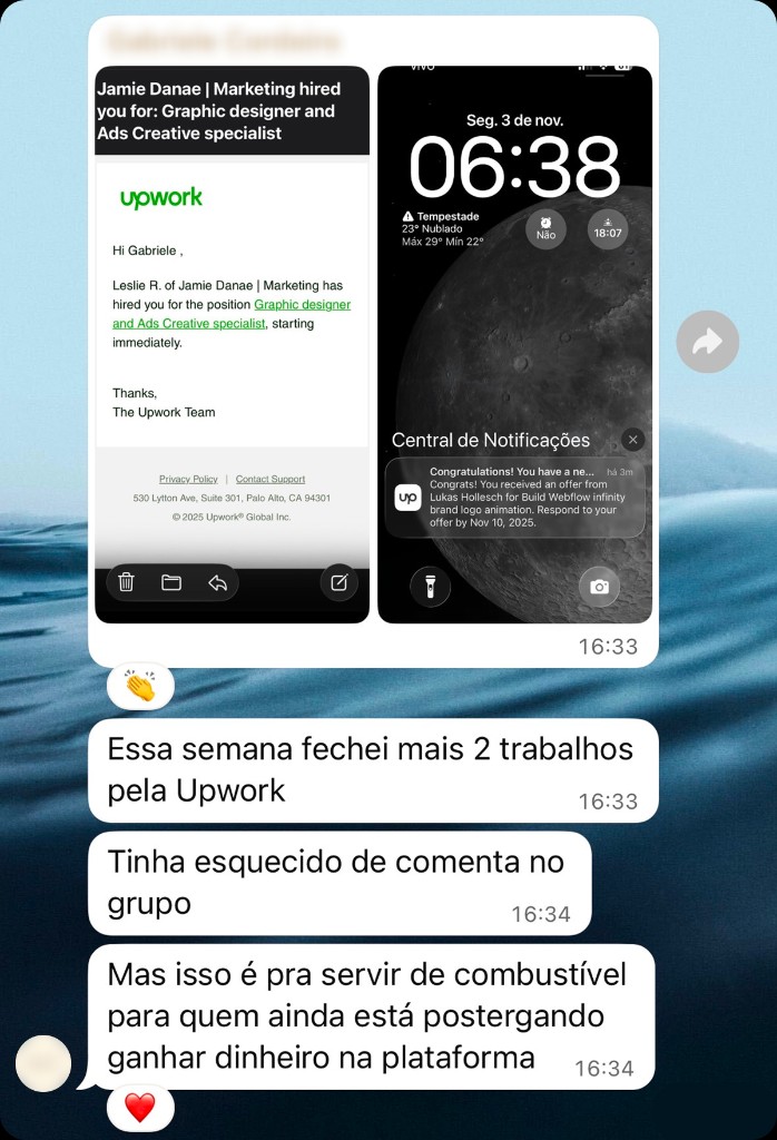 Depoimento de aluno 13: print de conversa com resultado em Upwork ou freelas internacionais.