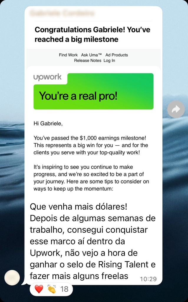 Depoimento de aluno 14: print de conversa com resultado em Upwork ou freelas internacionais.