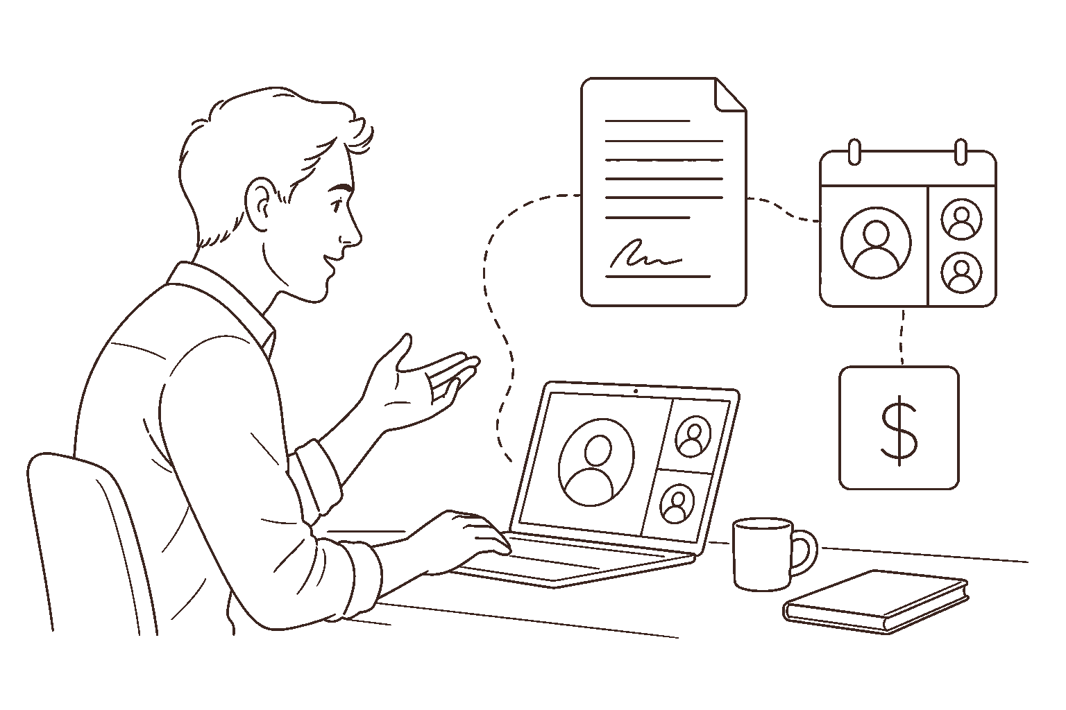 Ilustração line art: freelancer fechando negócio em dólar no notebook, com painéis de preço, gráfico e pagamento.