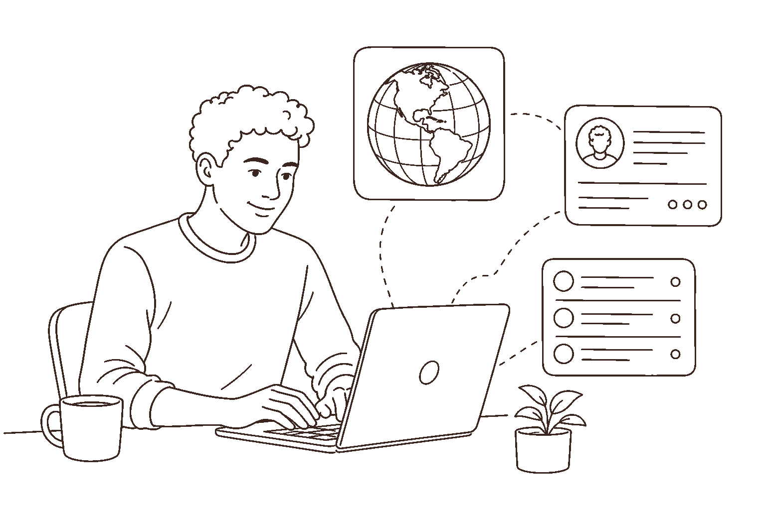 Ilustração line art: profissional no notebook com painéis de dados, gráficos e ferramentas digitais.