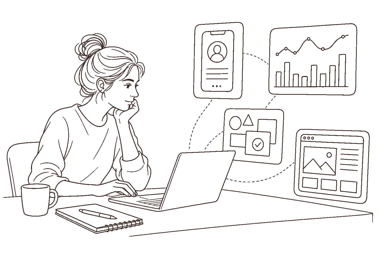 Ilustração line art: profissional no notebook escolhendo painéis de interface, dados e layout para o portfólio.