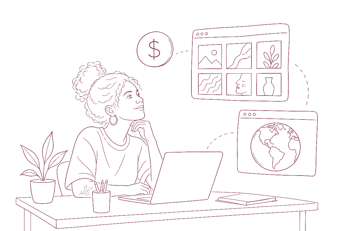 Ilustração: designer freelancer mirando o mercado internacional, com portfólio, dólar e globo
